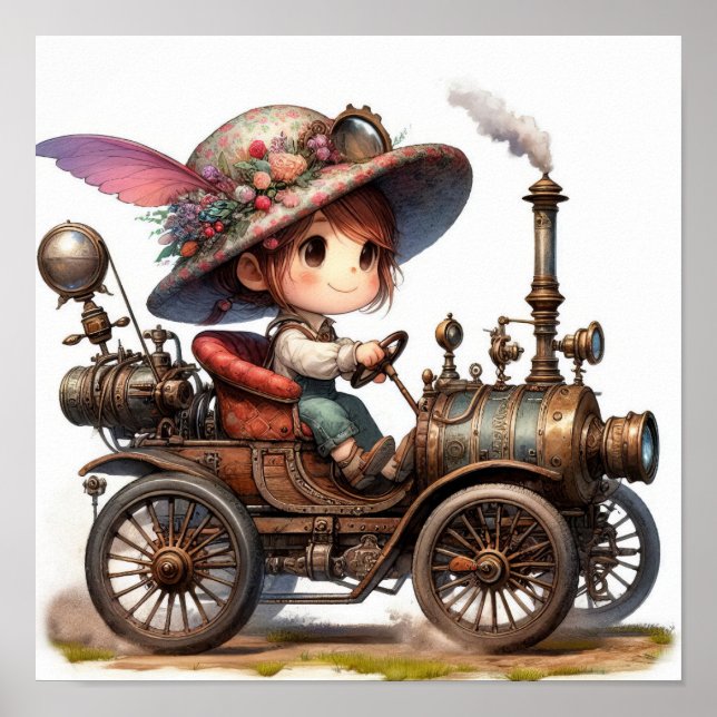 A Young Lycklig Child Riding a Steampunk Fordon Poster (Framsidan)