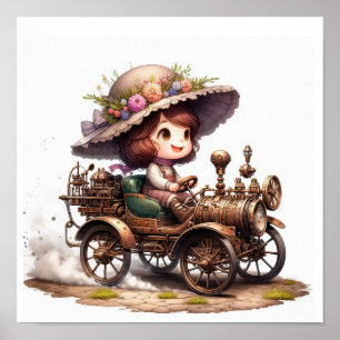 A Young Lycklig Child Riding a Steampunk Fordon Poster