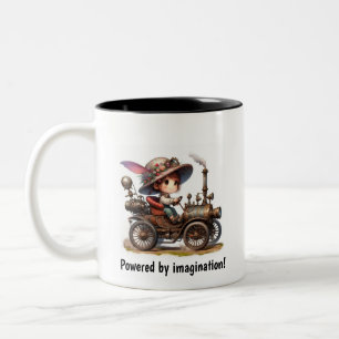 A Young Lycklig Child Riding a Steampunk Fordon Två-Tonad Mugg