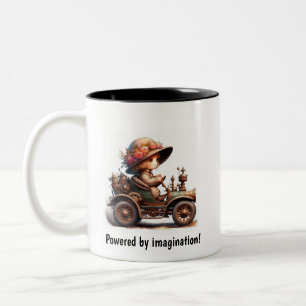 A Young Lycklig Child Riding a Steampunk Fordon Två-Tonad Mugg