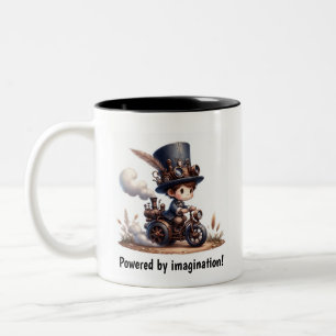 A Young Lycklig Child Riding a Steampunk Fordon Två-Tonad Mugg