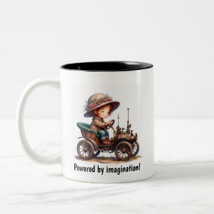 A Young Lycklig Child Riding a Steampunk Fordon Två-Tonad Mugg