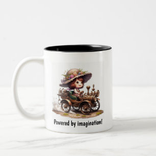 A Young Lycklig Child Riding a Steampunk Fordon Två-Tonad Mugg