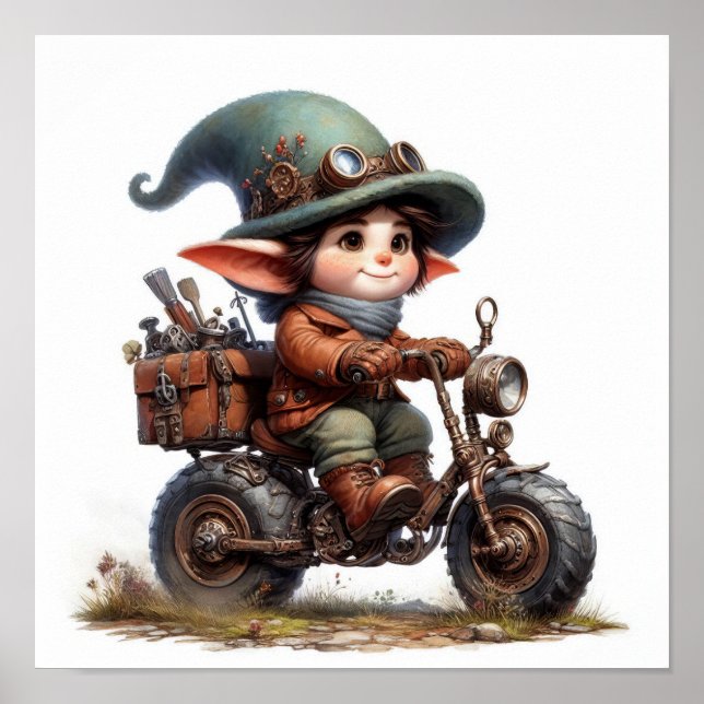 A Young Lycklig Child Riding a Steampunk Motorcyke Poster (Framsidan)