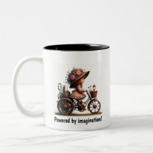 A Young Lycklig Child Riding a Steampunk Motorcyke Två-Tonad Mugg