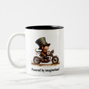 A Young Lycklig Child Riding a Steampunk Motorcyke Två-Tonad Mugg