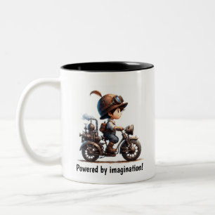 A Young Lycklig Child Riding a Steampunk Motorcyke Två-Tonad Mugg
