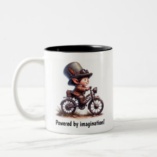 A Young Lycklig Child Riding a Steampunk Motorcyke Två-Tonad Mugg
