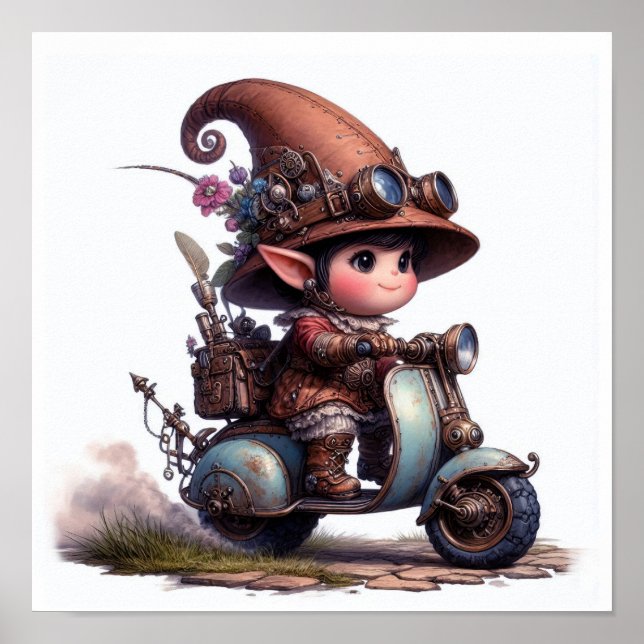 A Young Lycklig Child Riding a Steampunk Scooter Poster (Framsidan)