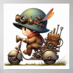 A Young Lycklig Child Riding a Steampunk Scooter Poster