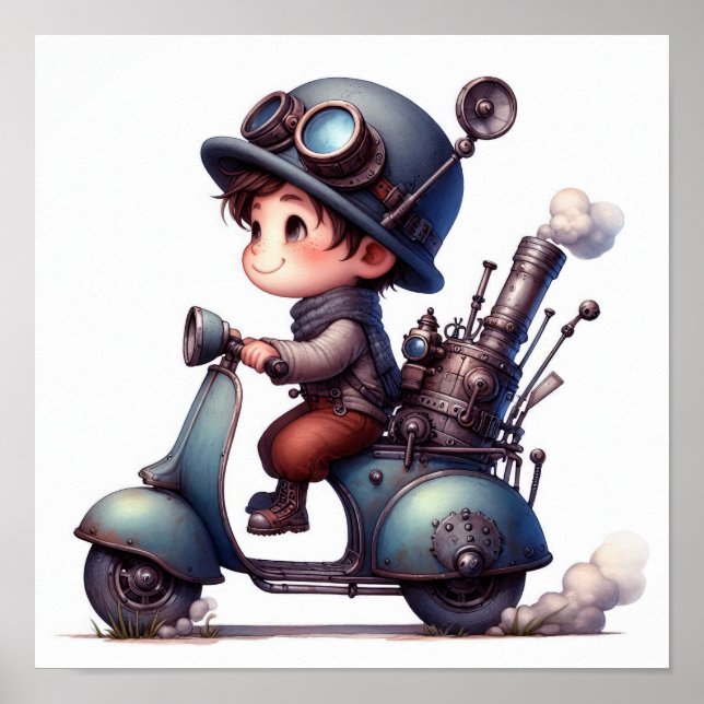 A Young Lycklig Child Riding a Steampunk Skooter Poster (Framsidan)