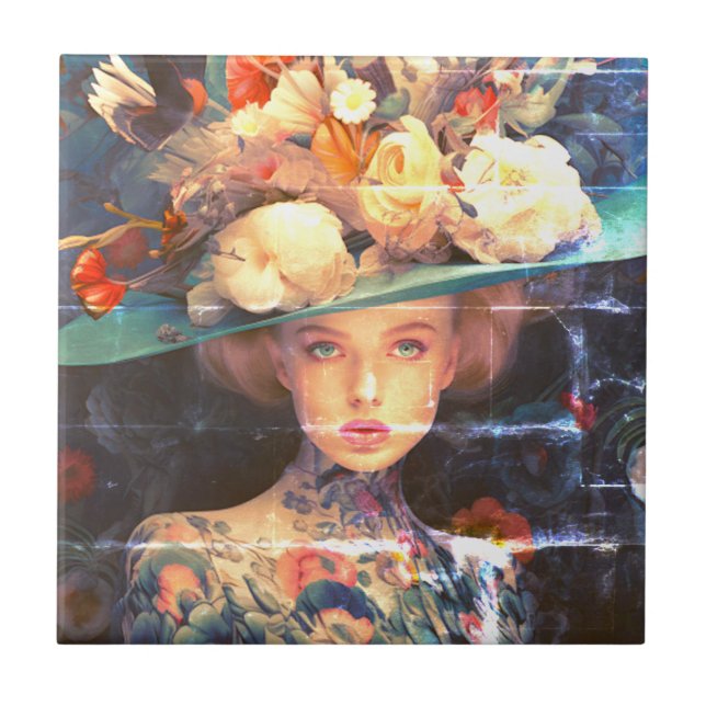 A Young Woman With a Tattooed Body and Bold Hat Kakelplatta (Framsidan)