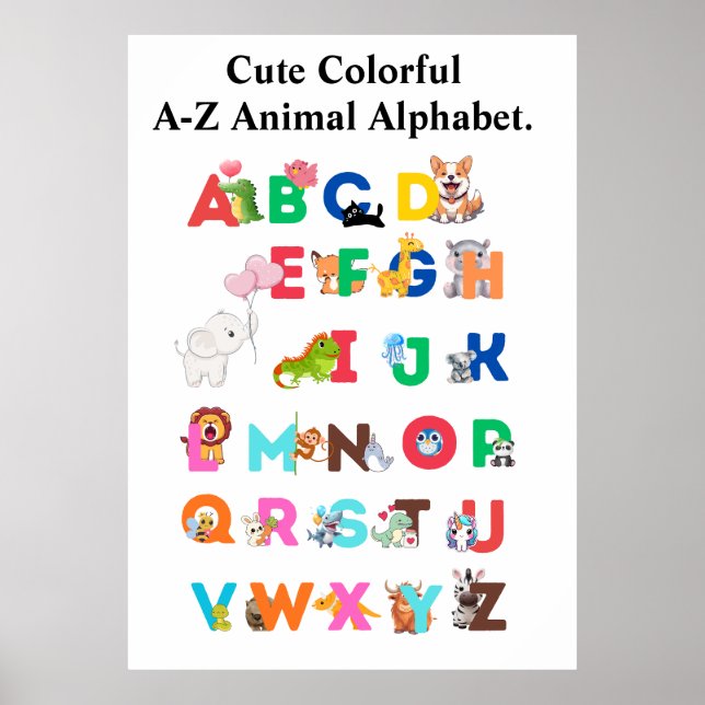 A-Z Djuralfabetet – söta färgglada ABC Poster (Framsidan)