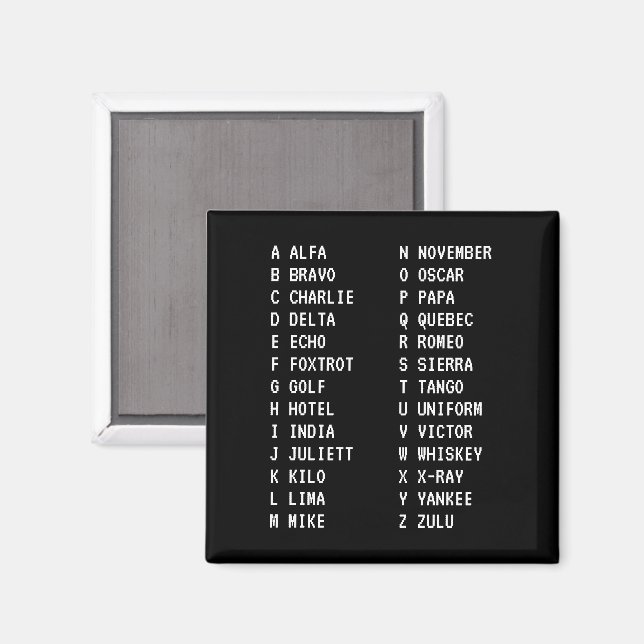 A-Z Flygkod Två-kolumners Fonetisk Alfabet Svart Magnet (Front/Back)
