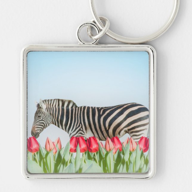 A Zebra bland tulpanerna Fyrkantig Silverfärgad Nyckelring (Framsidan)