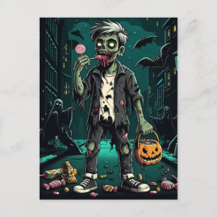 A Zombie Eating Halloween Candy Vykort