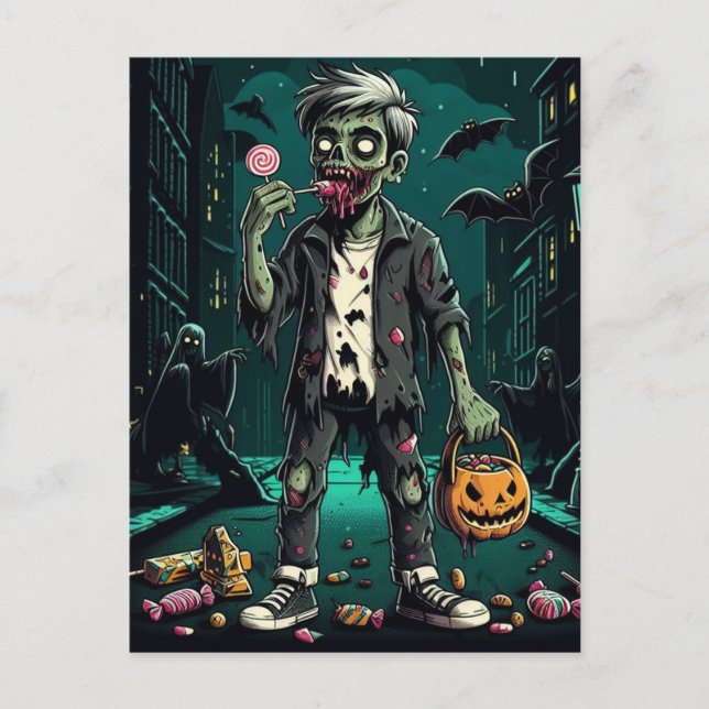 A Zombie Eating Halloween Candy Vykort (Framsida)