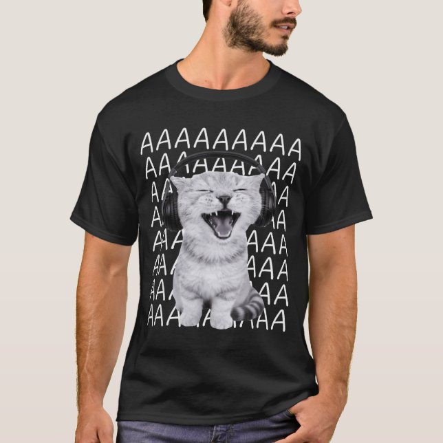 Aaaa Screaming Cat Meme Wearing Headphones Cat Int T Shirt (Framsida)