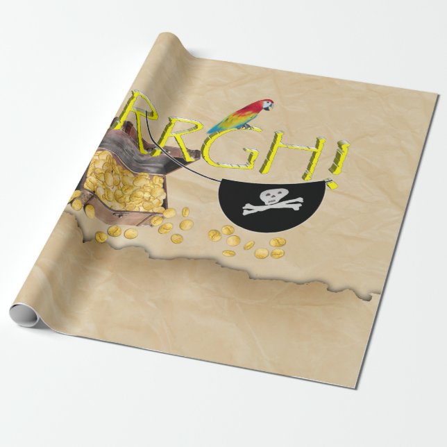 AAARGH - Pirat Parrot, Treasure Chest & Öga Patch Presentpapper (Utrullad)