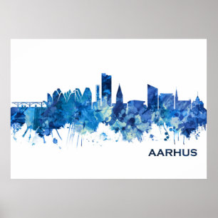 Aarhus Danmark Skyline Blue Poster