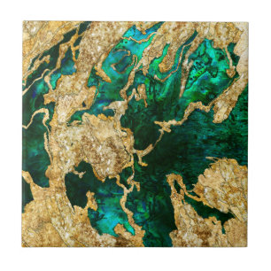 Abalone Grönt och Guld Cement Mixed Media abstrakt Kakelplatta