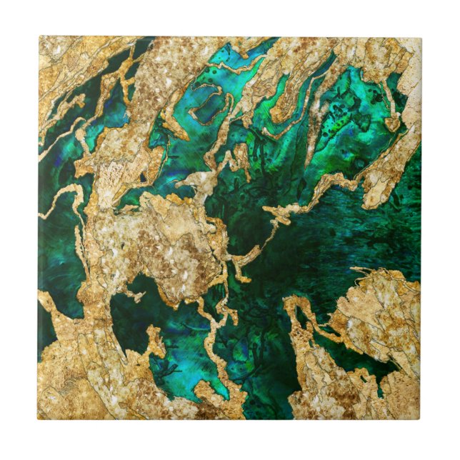 Abalone Grönt och Guld Cement Mixed Media abstrakt Kakelplatta (Framsidan)