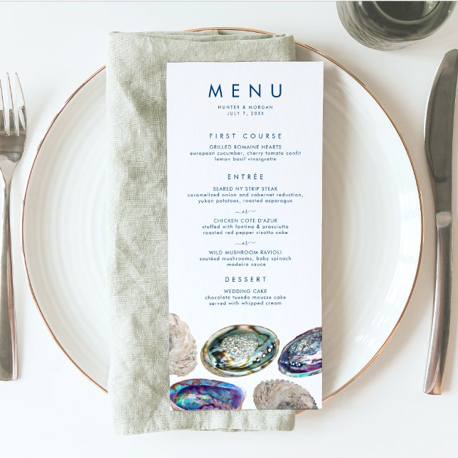 Abalone Snäcka Colorful Watercolor Beach Wedding Meny (This watercolor abalone shell wedding menu is perfect for your elegant beach wedding)