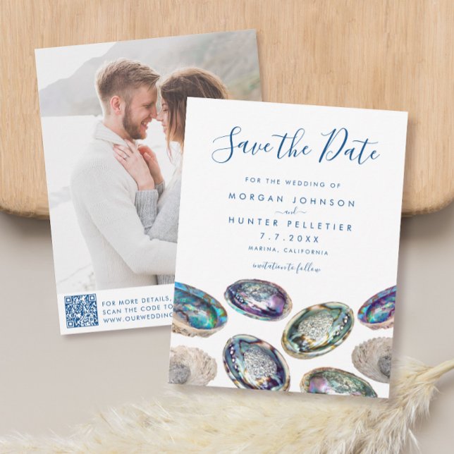 Abalone Snäcka Watercolor Beach Wedding Spara Datumet (These Abalone Shell watercolor save the dates feature your photo and QR code for your website)