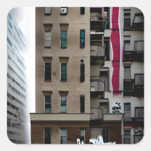 Abandoned City Byggnad med Graffiti Fyrkantigt Klistermärke