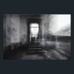 Abandoned Staircase Ghostly Doorway Blur Fototryck<br><div class="desc">A wide stone staircase rises toward an open arched doorway in an abandoned grand interior, captured in stark black and white. Thick motion blur and ghostly double-exposure layers overlap walls, steps, and cracked plaster, creating an ethereal, dreamlike veil across the scene. Soft daylight pours through the threshold, revealing overgrown foliage...</div>