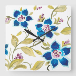 Abbey Blommigt Tiles - Blå blommor Fyrkantig Klocka