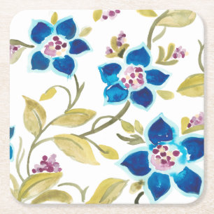 Abbey Blommigt Tiles - Blå blommor Underlägg Papper Kvadrat