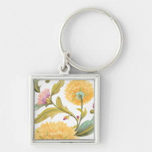 Abbey Blommigt Tiles - Gula blommor Fyrkantig Silverfärgad Nyckelring