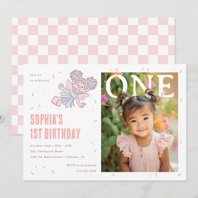 Abby Cadabby Rosa Konfettifirst Första Födelsedage Inbjudningar (Fram/baksida)