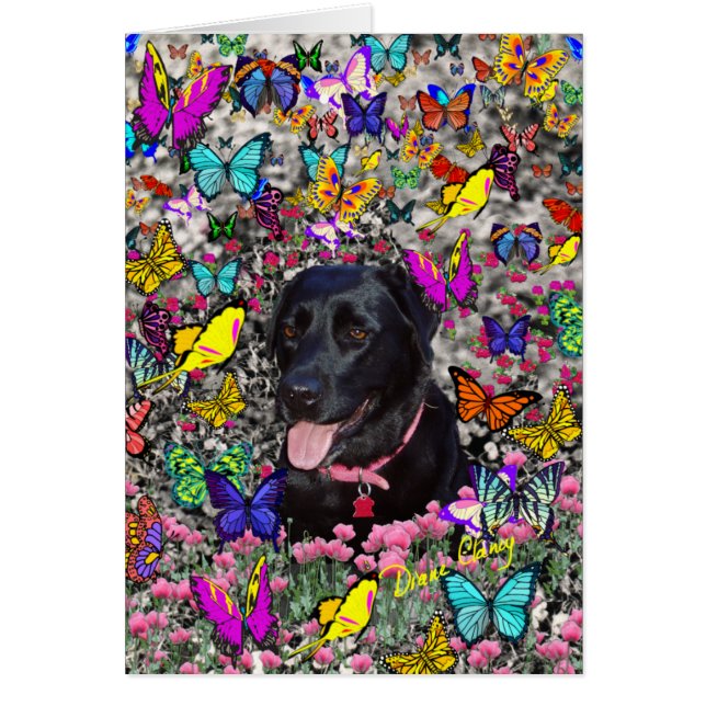 Abby in Butterflies Card - Black Labrador Hälsningskort (Framsidan)