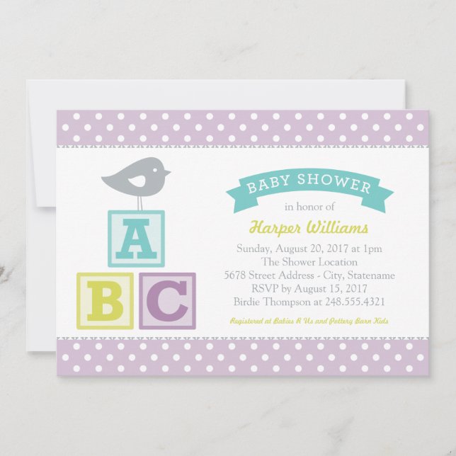 ABC Alphabet blockerar Lavender Lila Baby Shower Inbjudningar (Framsida)