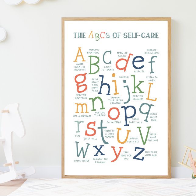 ABC-kort för självvård i Social Poster (abcs of self-care, self care, affirmations, mental health, classroom posters, montessori, colorful)