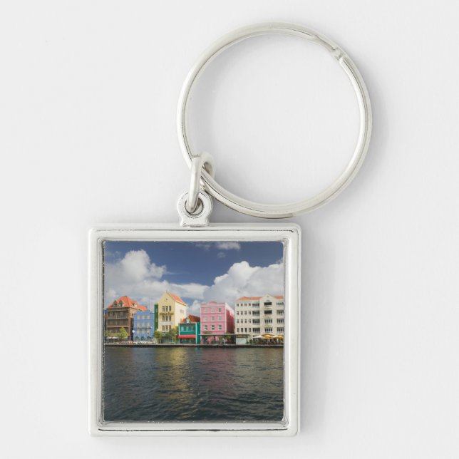 ABC-öarna, CURACAO, Willemstad: Hamnfront Fyrkantig Silverfärgad Nyckelring (Framsidan)