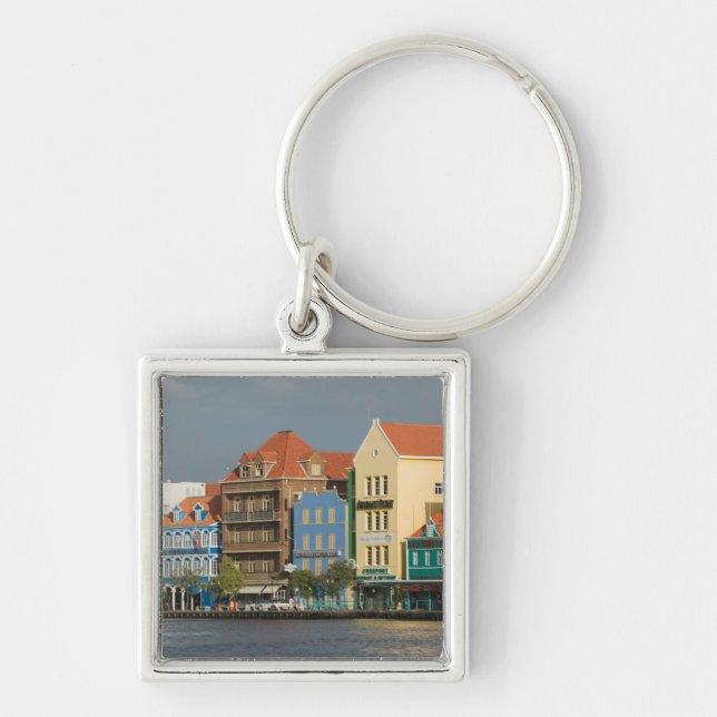 ABC-öarna, CURACAO, Willemstad: Hamnfronten 2 Fyrkantig Silverfärgad Nyckelring (Framsidan)