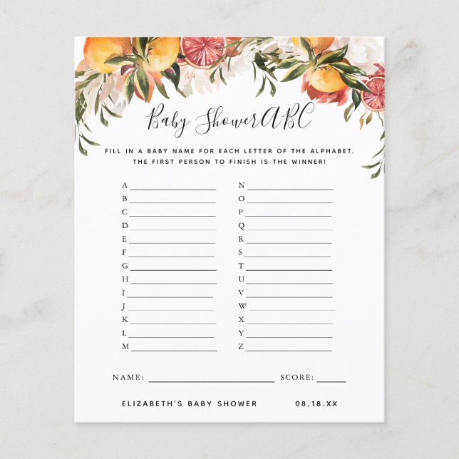 ABC-spel | Blommig baby shower-spel (Framsida)