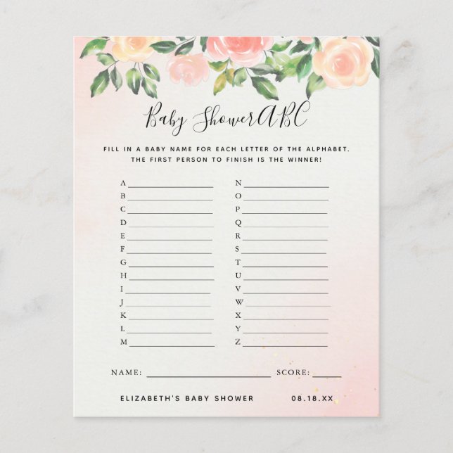 ABC-spel | Spelet Blommigt Baby Shower (Framsida)