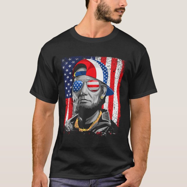Abe Lincoln Beard Sunglasses American Flagga 4:e T Shirt (Framsida)