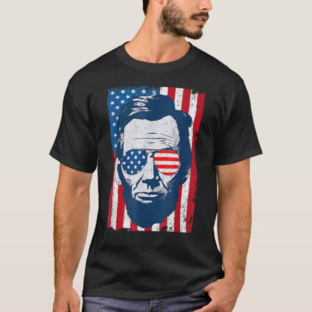Abe Lincoln Beard Sunglasses & American Flagga 4th T Shirt (Framsida)