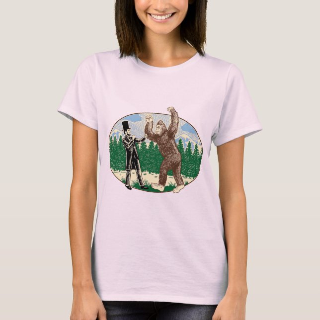 ABE LINCOLN: SASQUATCH-JÄGARE - rolig Bigfoot Tee (Framsida)
