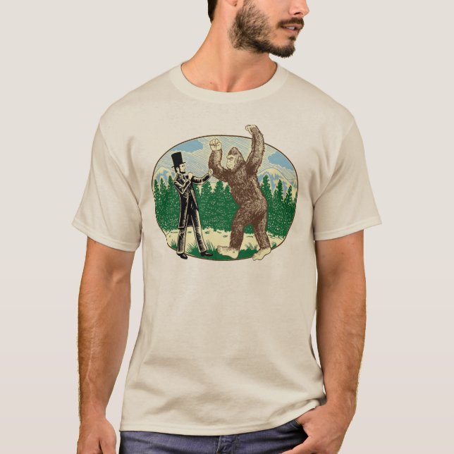 ABE LINCOLN: SASQUATCH-JÄGARE - rolig Bigfoot Tee Shirt (Framsida)