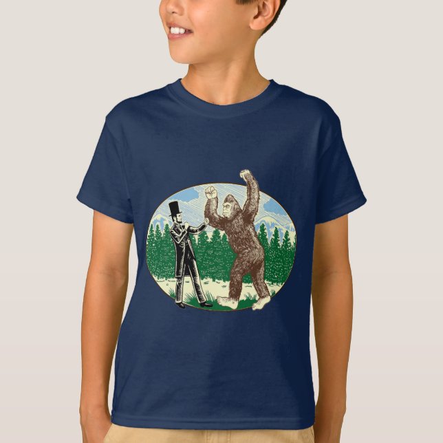 ABE LINCOLN: SASQUATCH-JÄGARE - rolig Bigfoot Tee Shirt (Framsida)