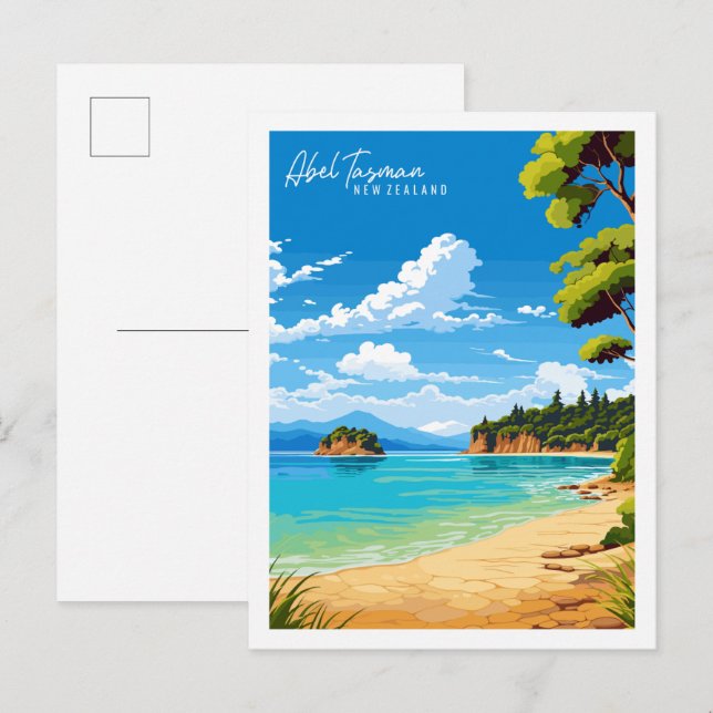 Abel Tasman Nya Zeelands reseillustration Vykort (Fram/baksida)