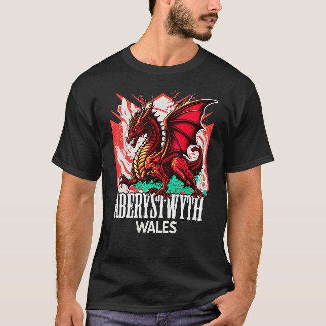 Aberystwyth Wales Welsh Flagga Y Ddraig Goch Drago T Shirt (Framsida)