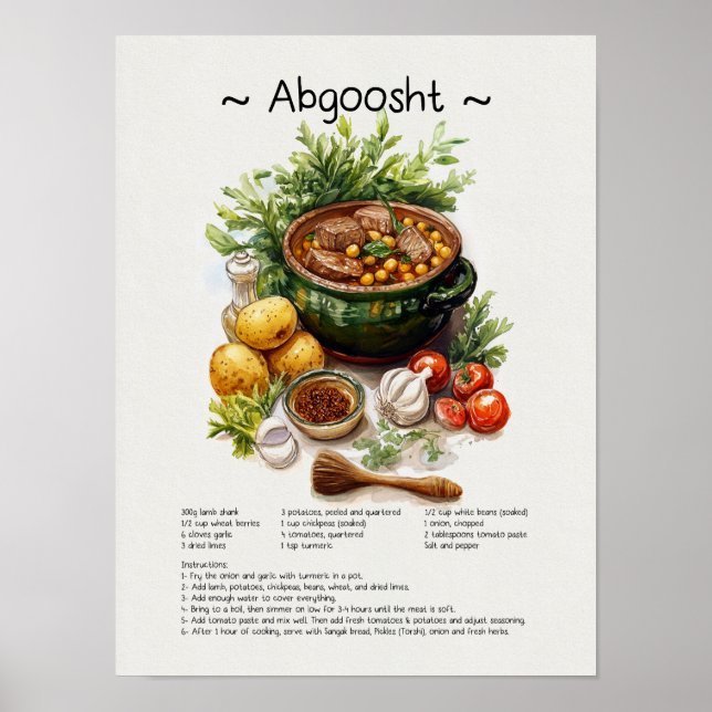 Abgoosht Recipe Poster - Persian Food Illustration (Framsidan)