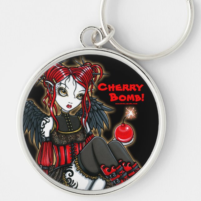 "Abigail" gotisk Cherrybomb djävulenfe Keychain Rund Silverfärgad Nyckelring (Framsidan)